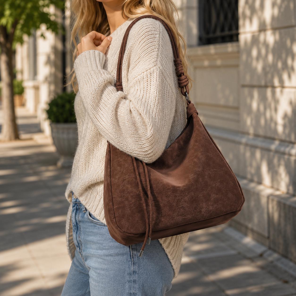 Brown Faux Suede Hobo Shoulder Bag