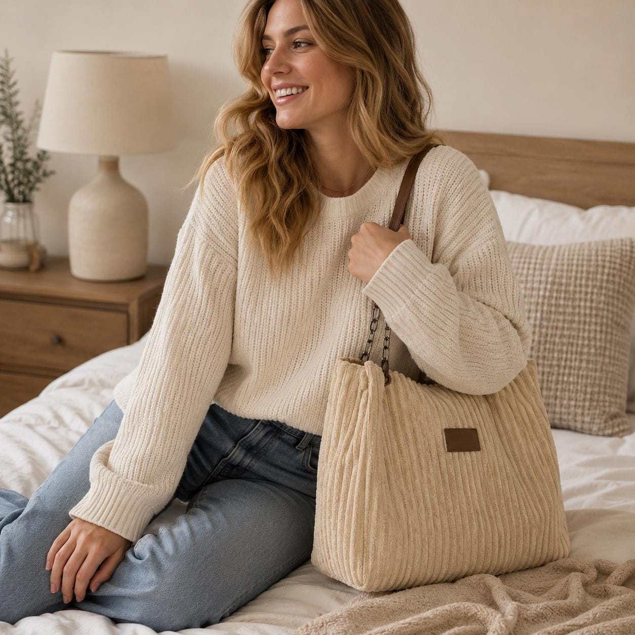 Cream Corduroy Tote Bag