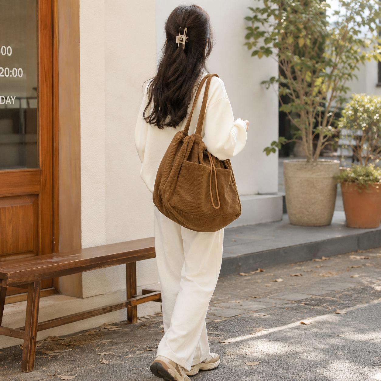 Soft Brown Corduroy Drawstring Tote Bag