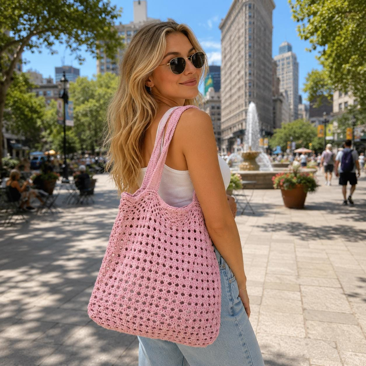 Pink Crochet Tote Bag